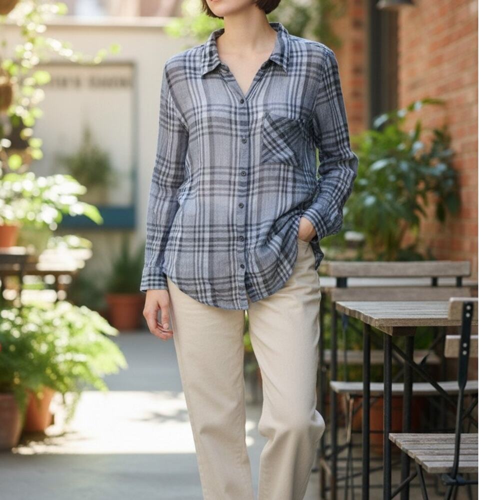 Lucky Blue Stripe Shirt Long Sleeve Button Up Semi Sheer Sz M